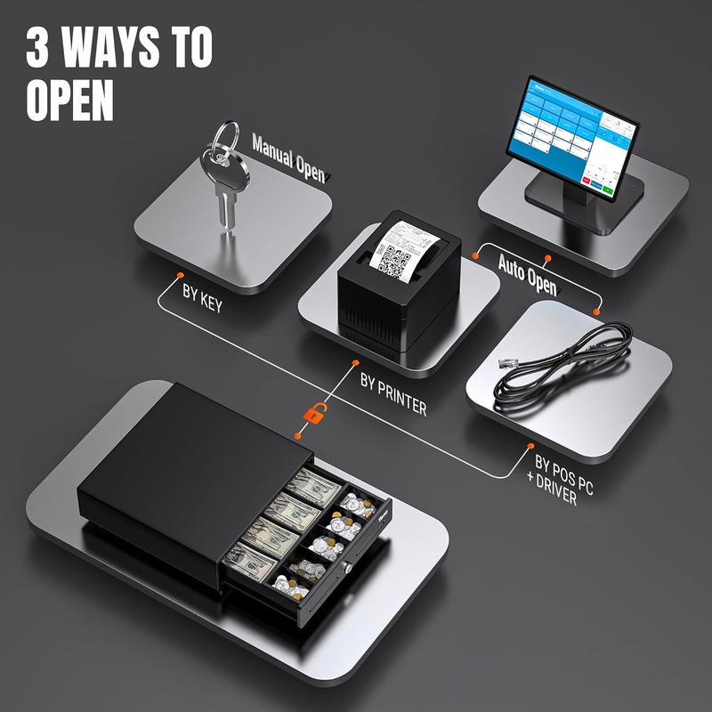 Tera 13" Cash Register Drawer for Point of Sale POS System with 4 Bill 5 Coin Cash Tray 6 Keys Auto Open Removable Coin Compartment Key-Lock 24V RJ12 Interface Media Slot for Small Business 330G - Image 5